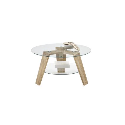 Mesa de centro TITAN, Ø 75 cm, tampo de vidro transparente / acabamento carvalho