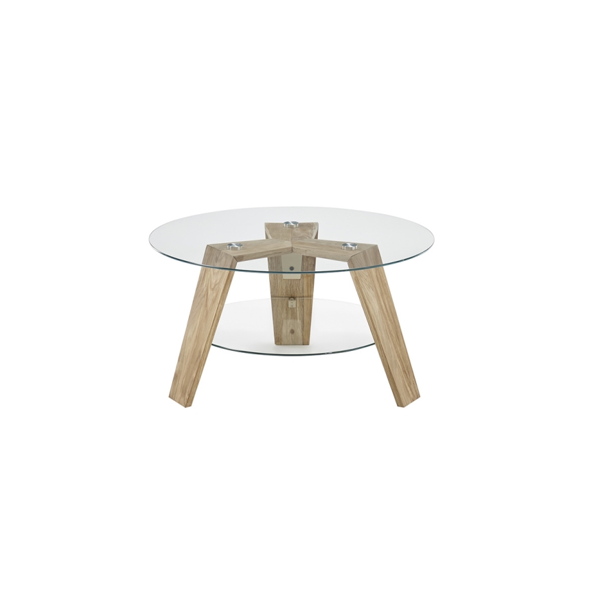 Mesa de centro TITAN, Ø 75 cm, tampo de vidro transparente / acabamento carvalho