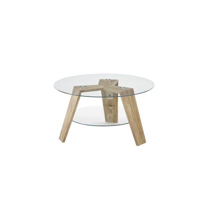 Mesa de centro TITAN, Ø 75 cm, tampo de vidro transparente / acabamento carvalho