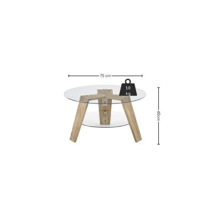 Mesa de centro TITAN, Ø 75 cm, tampo de vidro transparente / acabamento carvalho