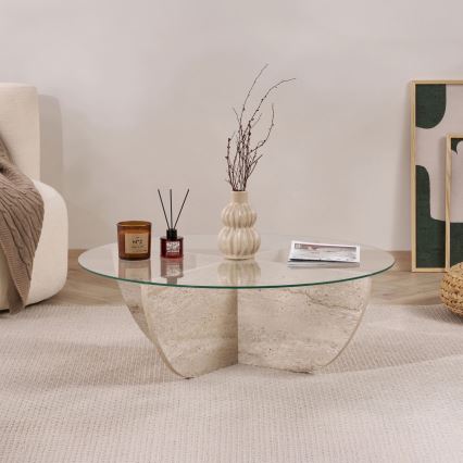 Mesa de centro VERE, Ø 90 cm, bege/transparente