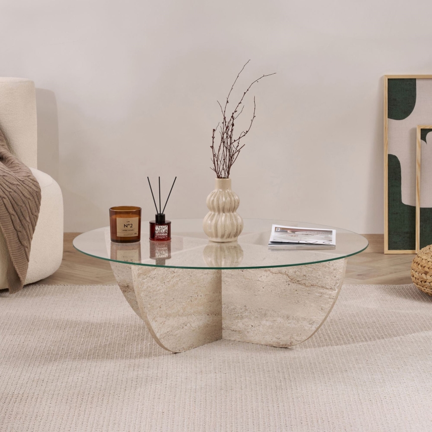 Mesa de centro VERE, Ø 90 cm, bege/transparente