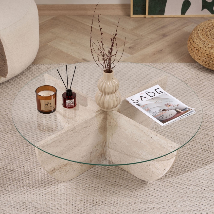 Mesa de centro VERE, Ø 90 cm, bege/transparente