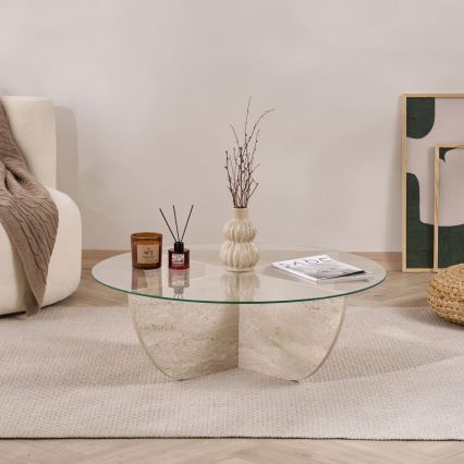 Mesa de centro VERE, Ø 90 cm, bege/transparente