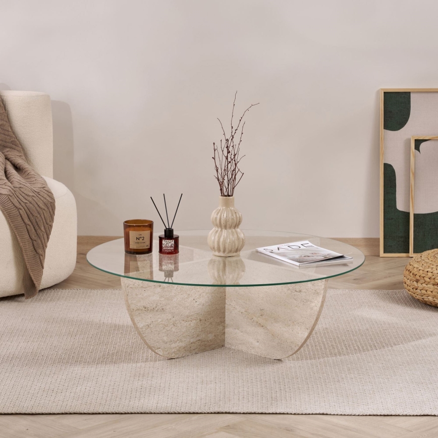Mesa de centro VERE, Ø 90 cm, bege/transparente