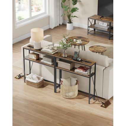 Mesa de consola com gavetas embutidas e portas USB LUVOR 80x20 cm castanho/preto