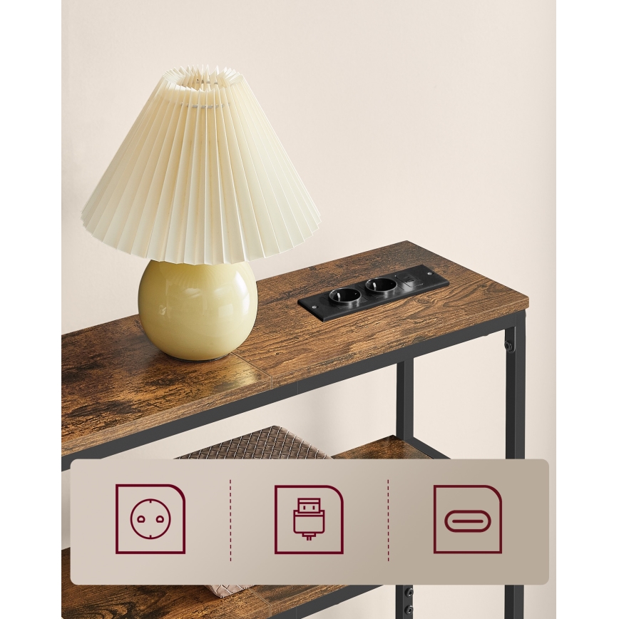 Mesa de consola com gavetas embutidas e portas USB LUVOR 80x20 cm castanho/preto