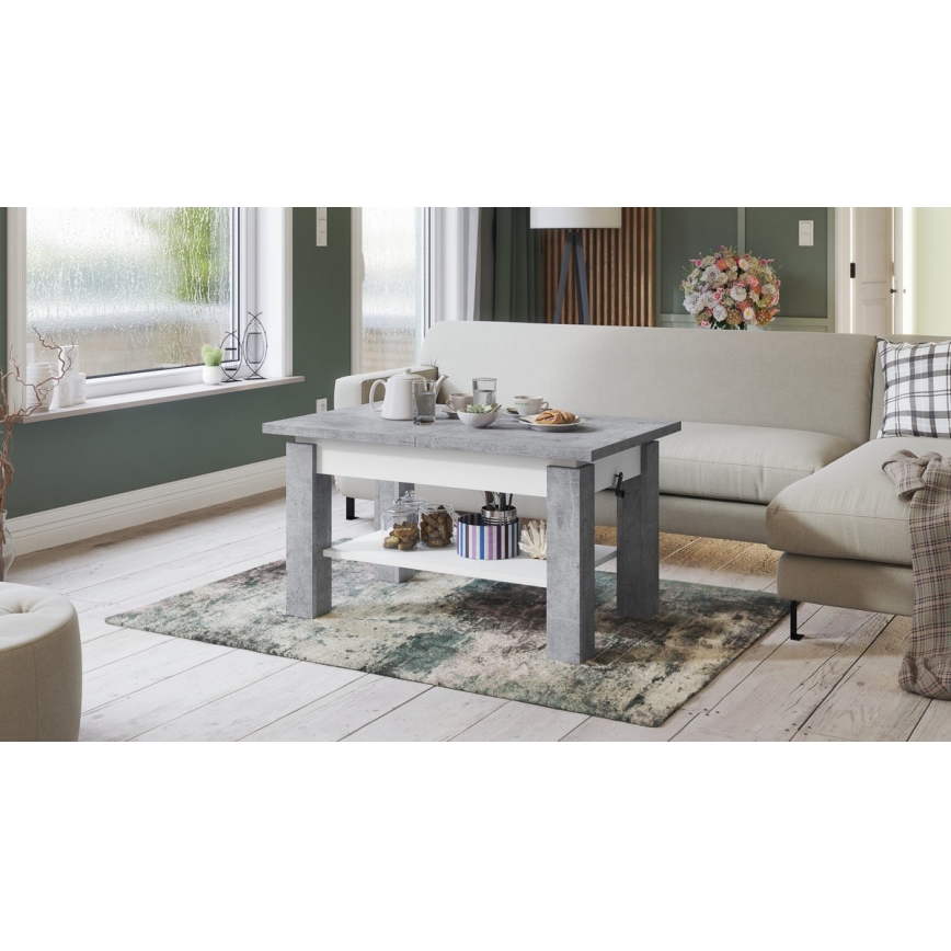 Mesa extensível de centro e de jantar com prateleira ADONIS, betão cinzento/branco