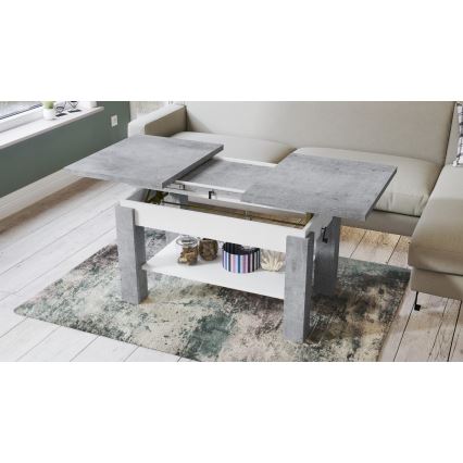 Mesa extensível de centro e de jantar com prateleira ADONIS, betão cinzento/branco