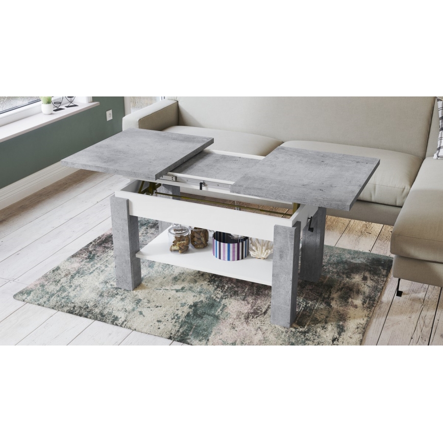 Mesa extensível de centro e de jantar com prateleira ADONIS, betão cinzento/branco