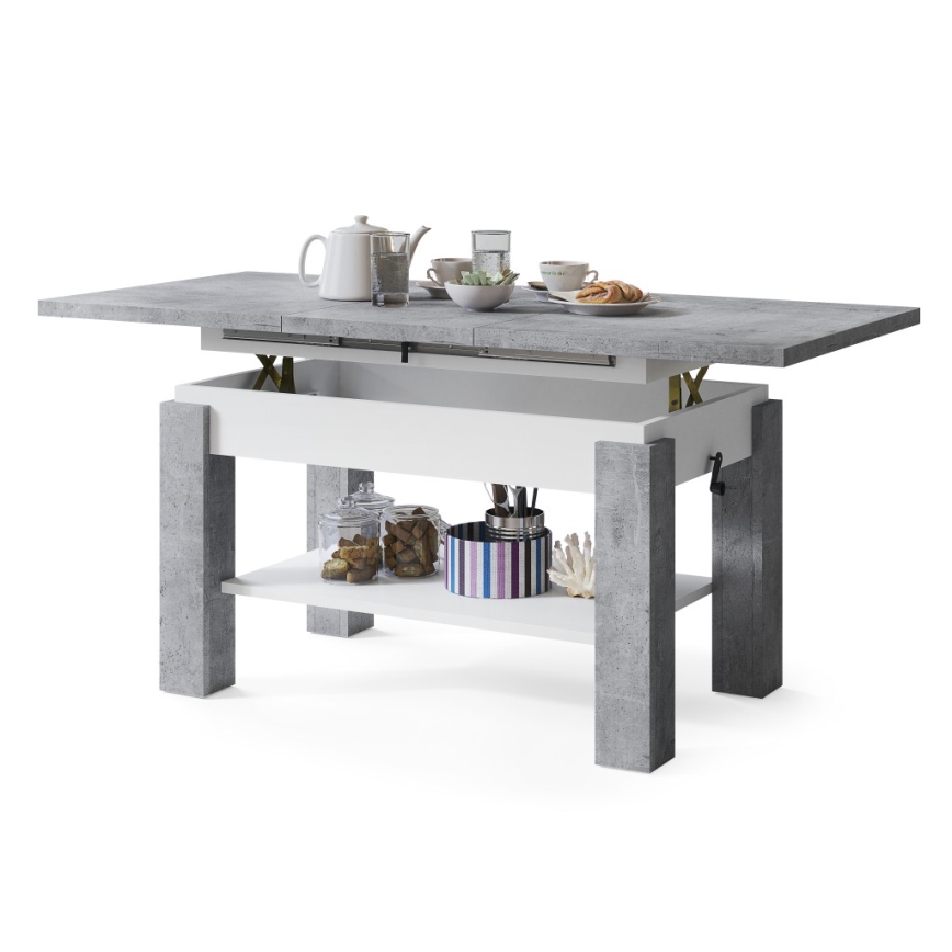Mesa extensível de centro e de jantar com prateleira ADONIS, betão cinzento/branco