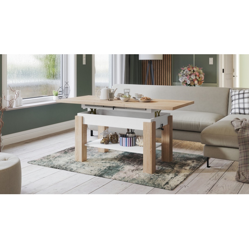 Mesa extensível de centro e jantar ADONIS com prateleira, carvalho sonoma/branco