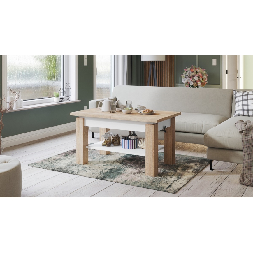 Mesa extensível de centro e jantar ADONIS com prateleira, carvalho sonoma/branco