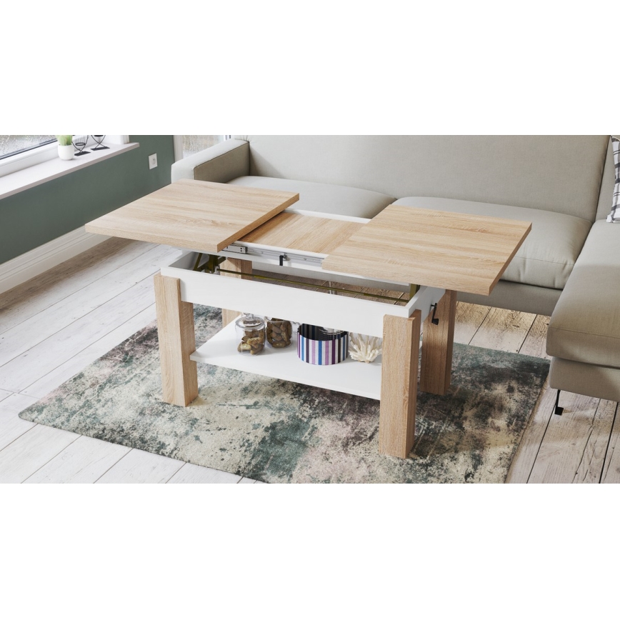 Mesa extensível de centro e jantar ADONIS com prateleira, carvalho sonoma/branco