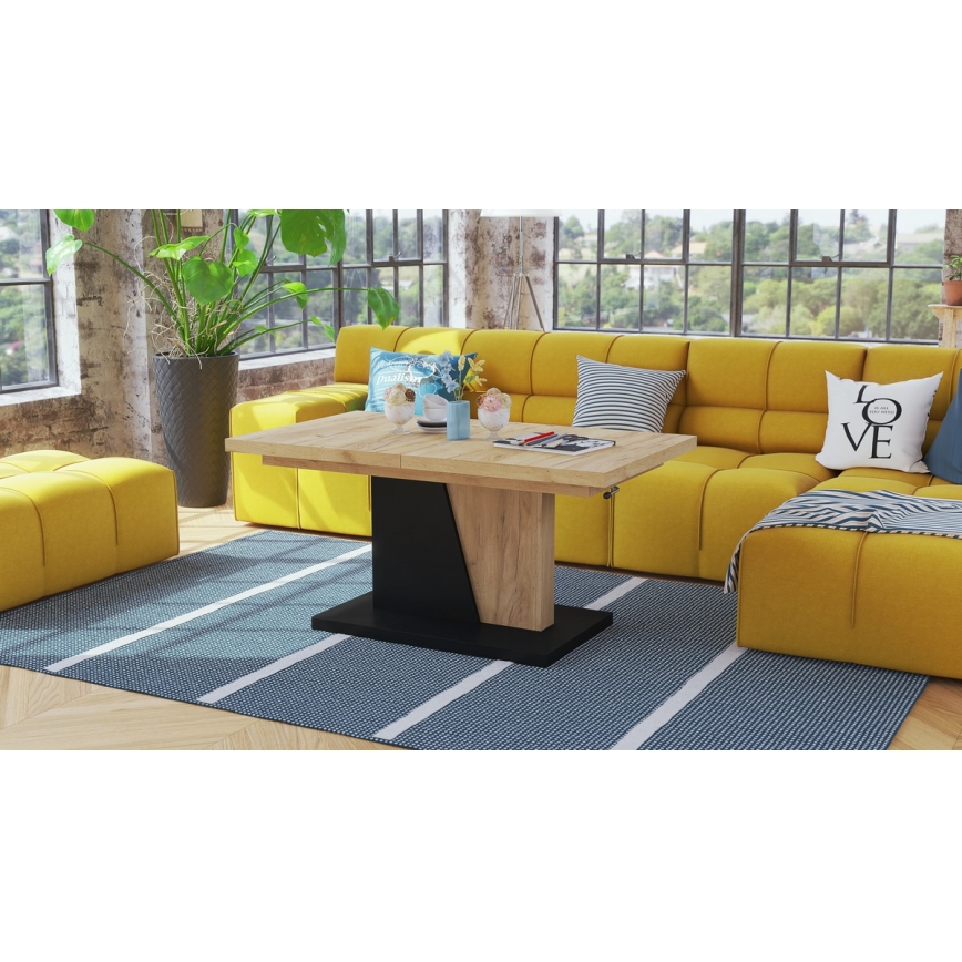 Mesa extensível de centro/jantar com tampo elevatório NINO carvalho craft/preto