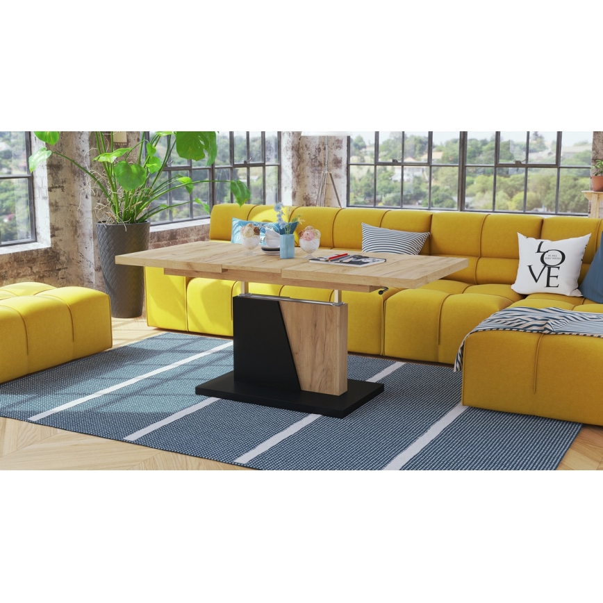 Mesa extensível de centro/jantar com tampo elevatório NINO carvalho craft/preto