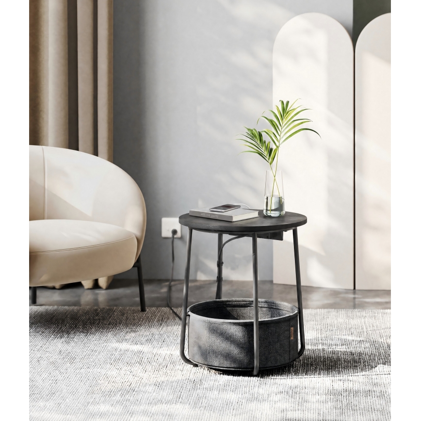 Mesa lateral NOIRA 45 cm com tomadas integradas e portas USB cinza/preto