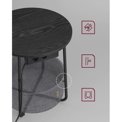 Mesa lateral NOIRA 45 cm com tomadas integradas e portas USB cinza/preto