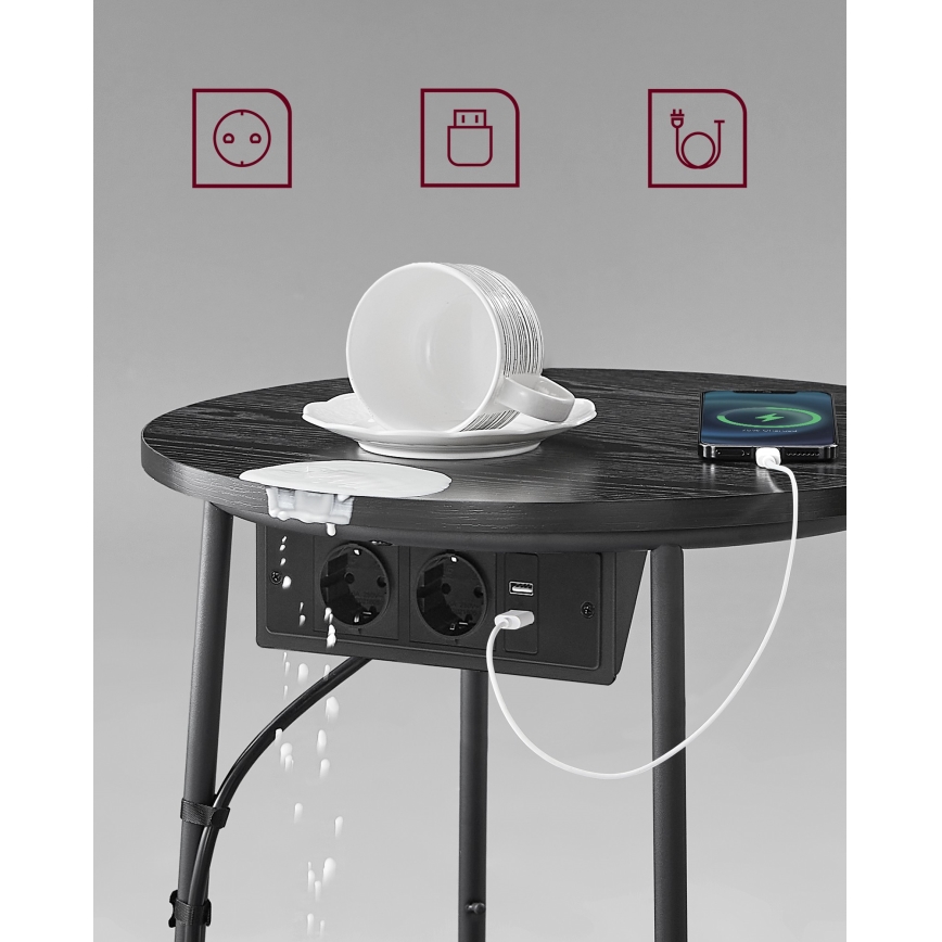 Mesa lateral NOIRA 45 cm com tomadas integradas e portas USB cinza/preto