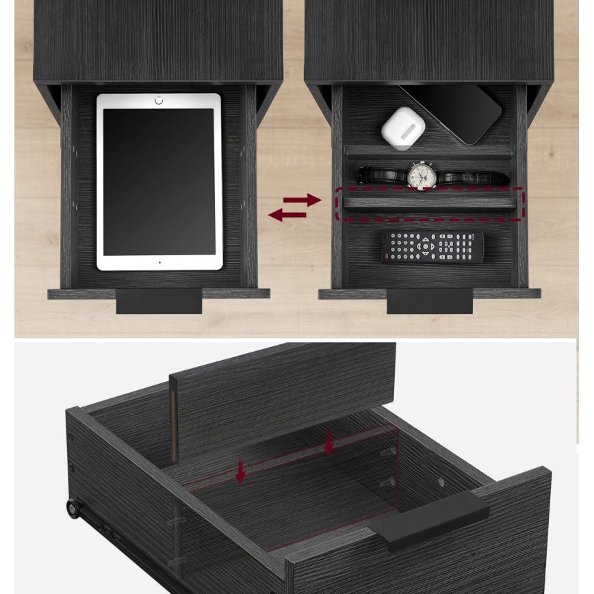 Mesa lateral ROD preta com tomadas embutidas e portas USB