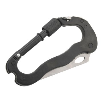 Mosquetão multifunções de alumínio com fecho de segurança preto