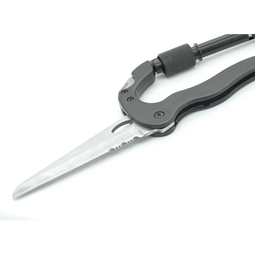 Mosquetão multifunções de alumínio com fecho de segurança preto