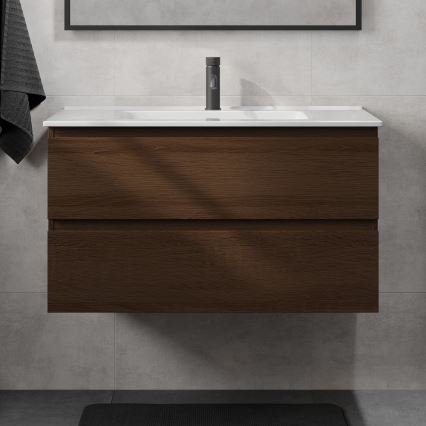 Móvel de casa de banho com lavatório KENWOOD 91 cm nogueira/branco