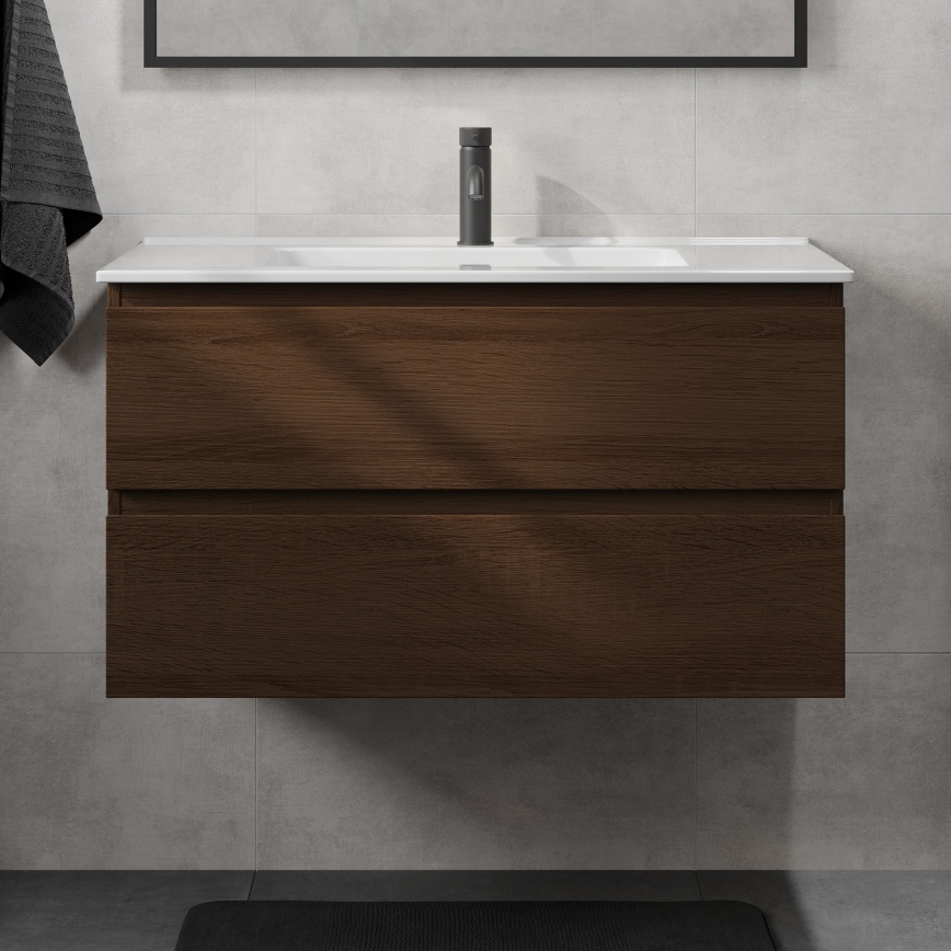 Móvel de casa de banho com lavatório KENWOOD 91 cm nogueira/branco