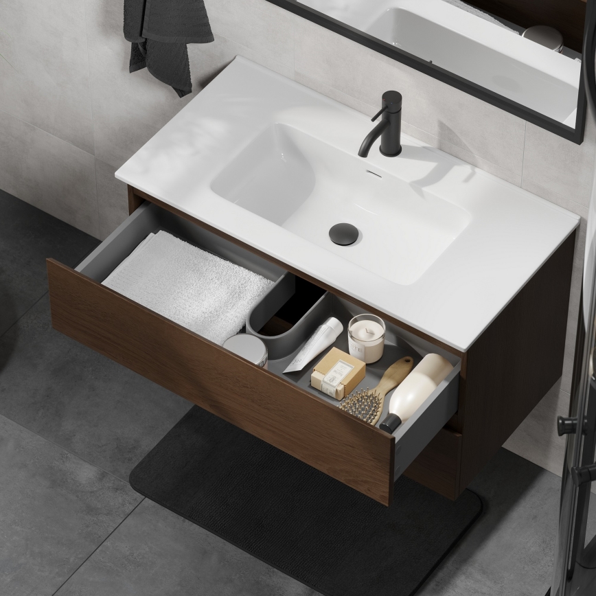 Móvel de casa de banho com lavatório KENWOOD 91 cm nogueira/branco