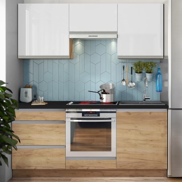 Móvel de cozinha MARINA 180 cm, carvalho craft/branco lacado brilhante