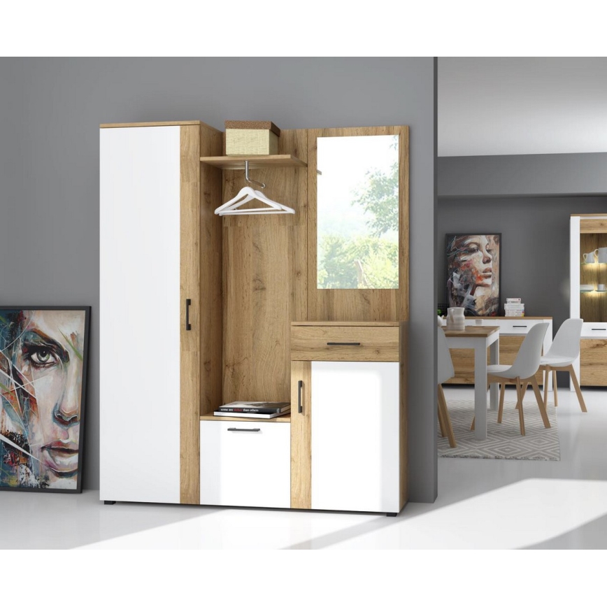 Móvel de entrada com espelho NOLAN, carvalho artisan/branco