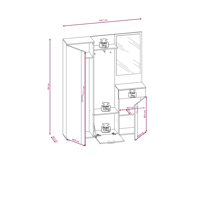 Móvel de entrada com espelho NOLAN, carvalho artisan/branco