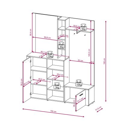 Móvel para hall de entrada com espelho KEVIN castanho/branco
