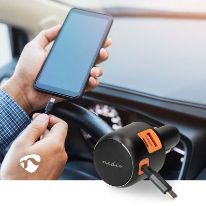 Carregador para automóvel com cabo retrátil Power Delivery 30W 2xUSB-C + 1xUSB-A