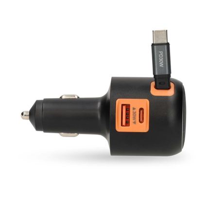 Carregador para automóvel com cabo retrátil Power Delivery 30W 2xUSB-C + 1xUSB-A