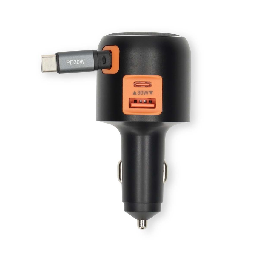 Carregador para automóvel com cabo retrátil Power Delivery 30W 2xUSB-C + 1xUSB-A