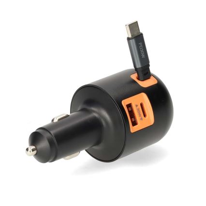 Carregador para automóvel com cabo retrátil Power Delivery 30W 2xUSB-C + 1xUSB-A