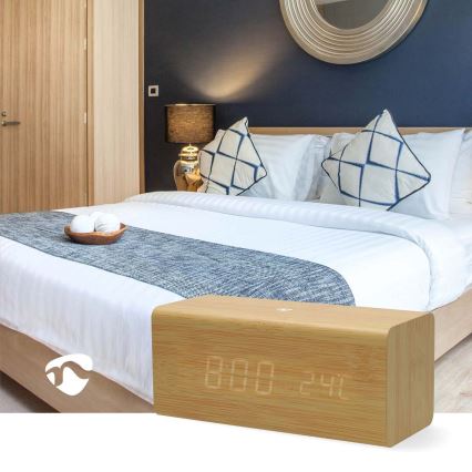 Despertador digital em madeira com ecrã LED e termómetro 5V/1xCR2032