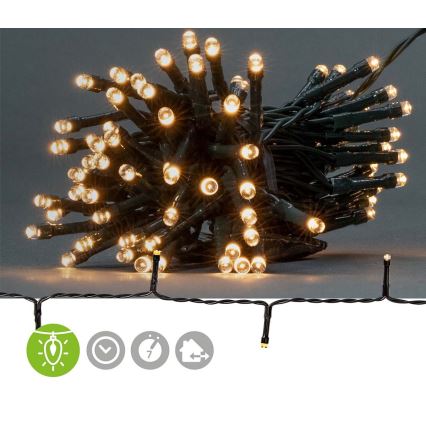 Guirlanda LED para exterior, 96 LEDs / 7 funções / 3x AA / 7,7 m / IP44 / branco quente