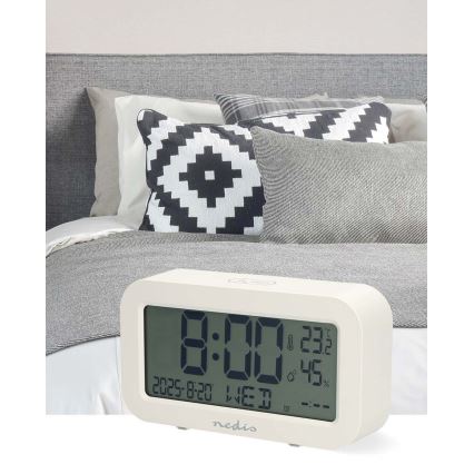 Relógio digital com despertador, termómetro e higrómetro, alimentado por 2 pilhas AA, branco