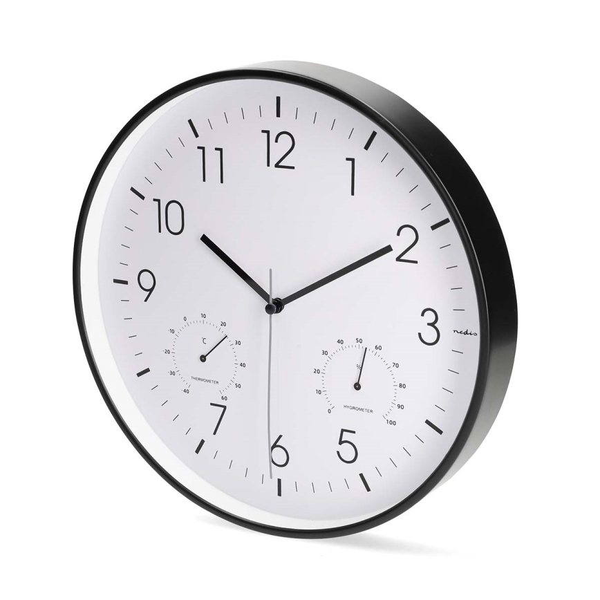 Relógio de parede com termómetro e higrómetro, Ø 30,5 cm, 1xAA, preto