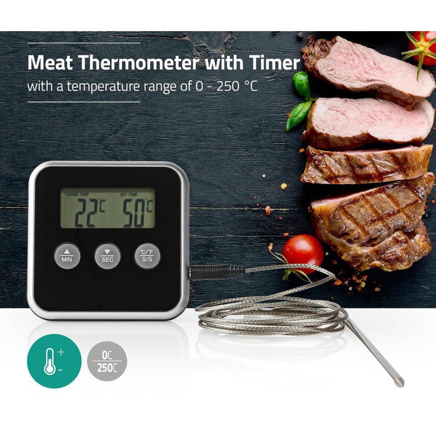 Termómetro de carne com visor e temporizador 0-250 °C 1xAAA