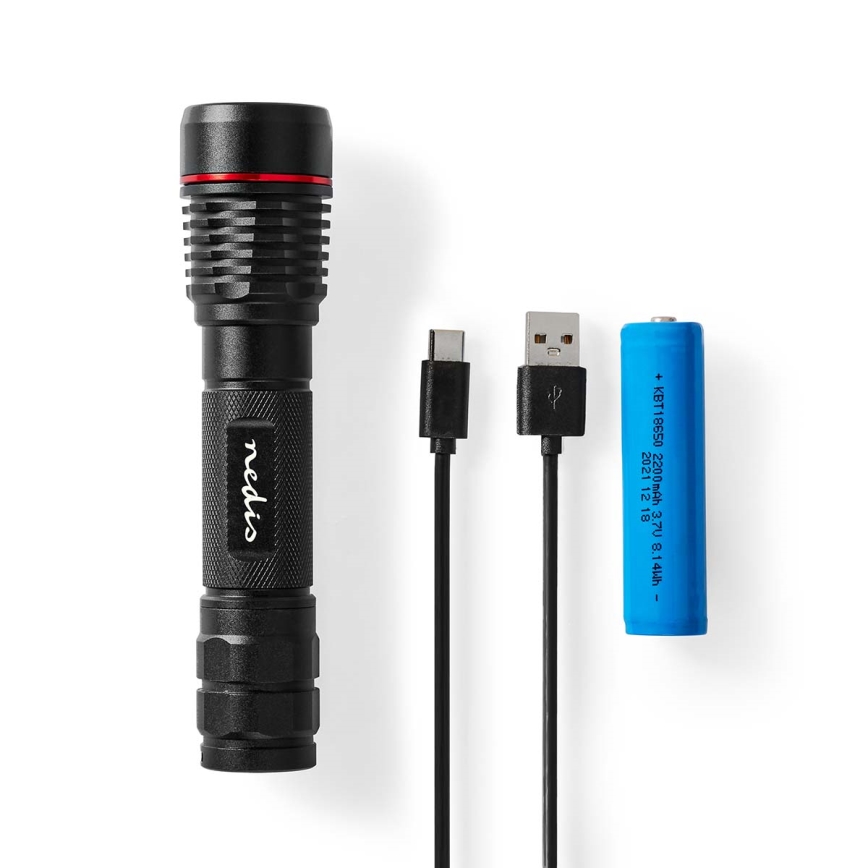 Lanterna de alumínio recarregável dimerizável LED, 10W/5V, 2200 mAh, IPX7, preta