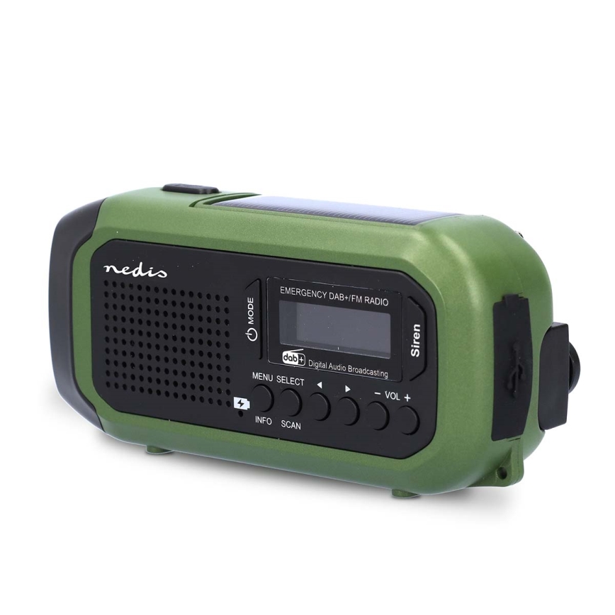 Rádio DAB+/FM com manivela, painel solar e lanterna LED 5V/2500 mAh verde/preto