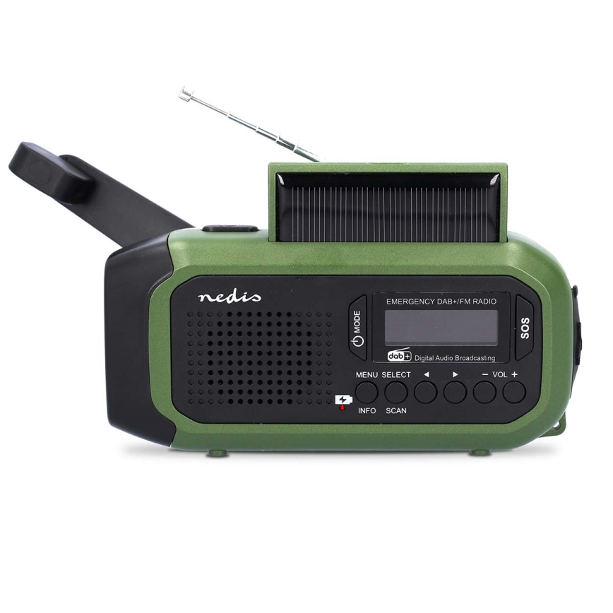 Rádio DAB+/FM com manivela, painel solar e lanterna LED 5V/2500 mAh verde/preto