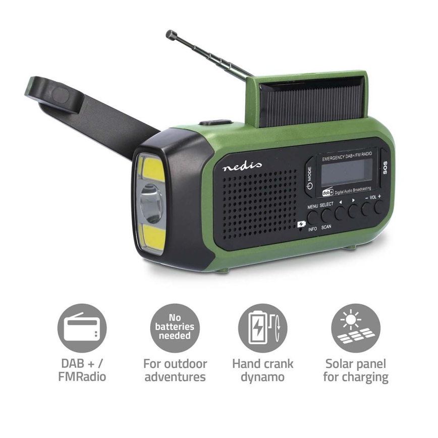 Rádio DAB+/FM com manivela, painel solar e lanterna LED 5V/2500 mAh verde/preto