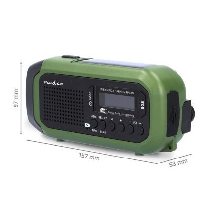 Rádio DAB+/FM com manivela, painel solar e lanterna LED 5V/2500 mAh verde/preto