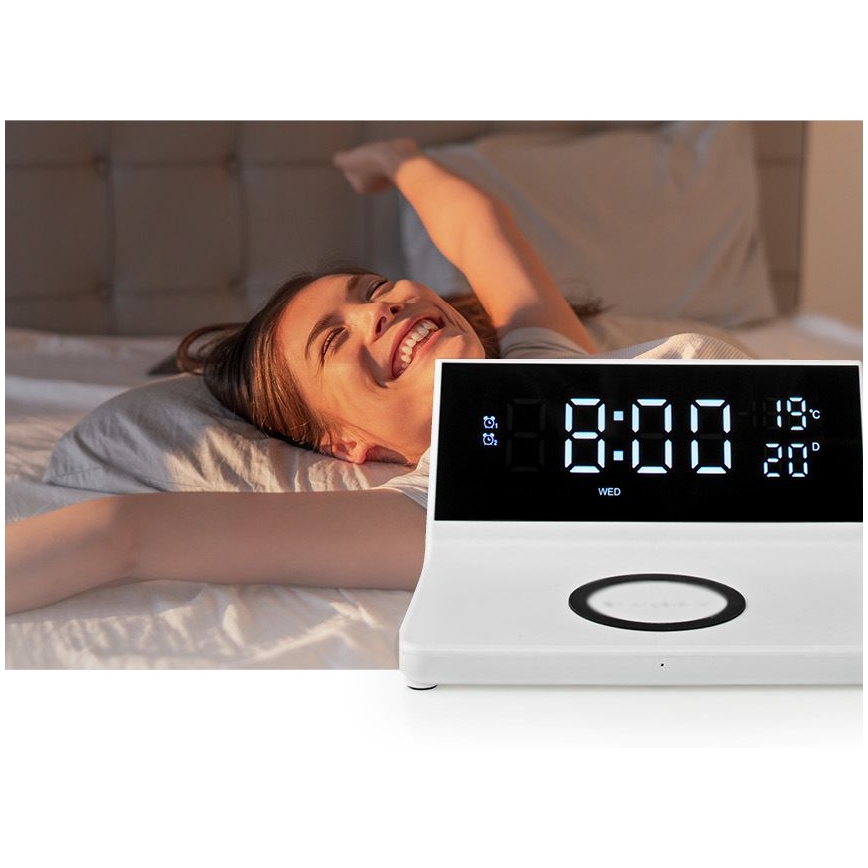 Despertador com ecrã LCD e carregador sem fios 15W/5V + 1xCR2032 branco
