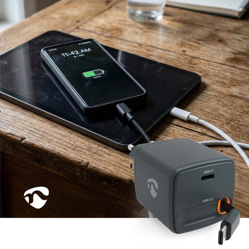 Carregador com cabo retrátil Power Delivery 65W, 2x USB-C, preto