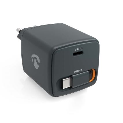 Carregador com cabo retrátil Power Delivery 65W, 2x USB-C, preto